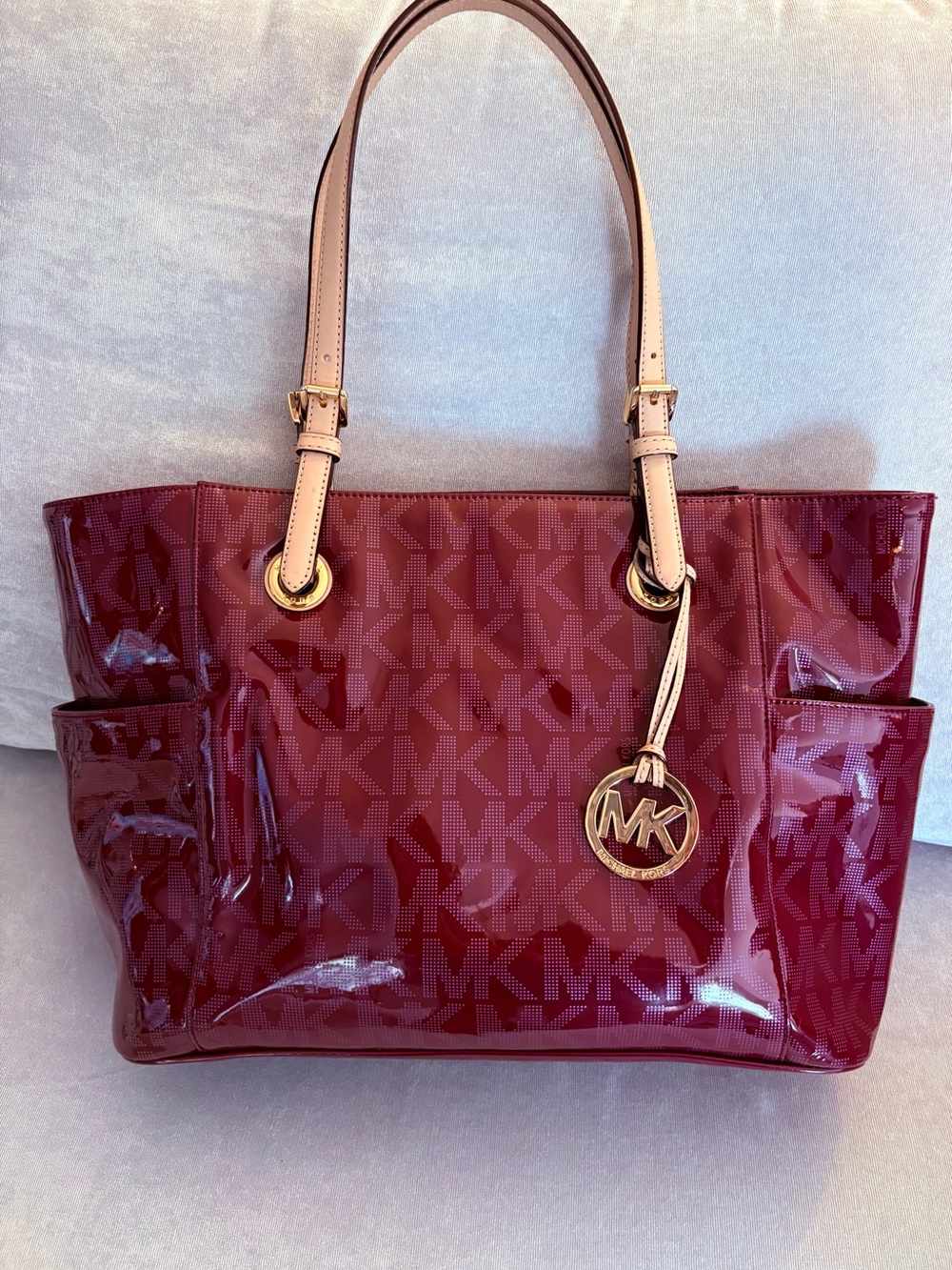 Michael Kors Patent Logo Tote in Burgundy with Neutral Straps